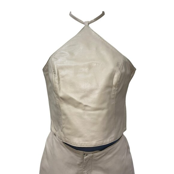 Hugo Buscati Collection Womens Cream Leather Halter Top & High-Waisted Pants Set - Picture 11 of 12